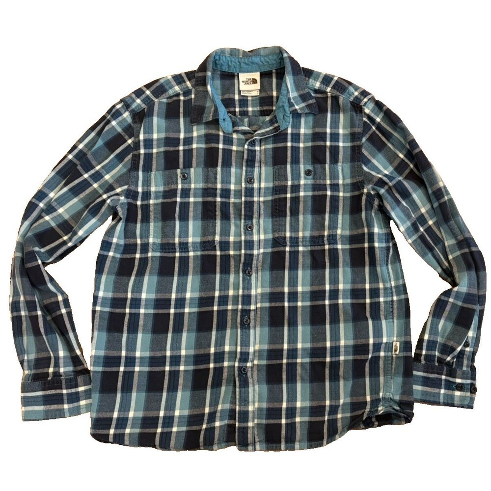 The North Face Shirt Men's Medium Blue Flannel Plaid Long Sleeve Button Front